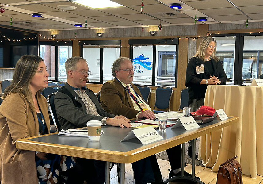 Three industry stakeholders joined Michelle Hennings (right), executive director of the Washington Association of Wheat Growers, on a panel discussion covering the lower Snake River dams at the 2022 Tri-State Grain Growers Convention. From left are Heather Stebbings, executive director of the Pacific Northwest Waterways Association; Tom Kammerzell, a commissioner with the Port of Whitman; and Alex McGregor, chair of the board of directors for The McGregor Company.