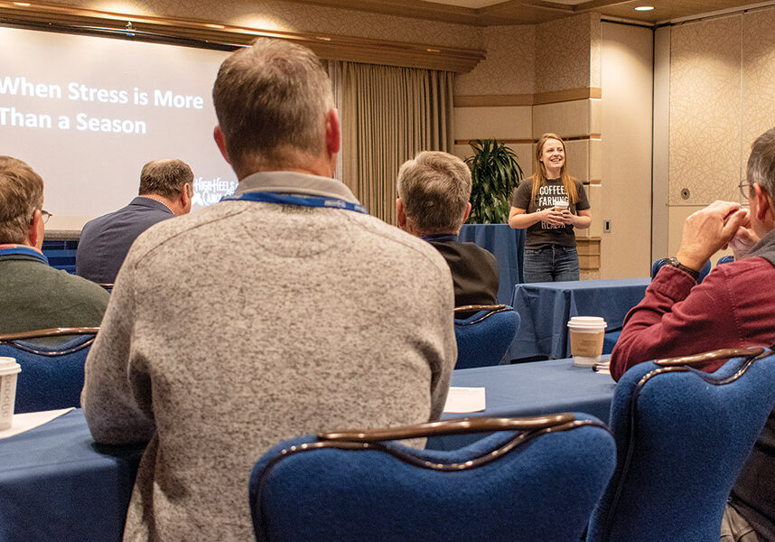 Lesley Kelly, founder of High Heels and Canola Fields, provided growers with ways to identify and address stressors that have the potential to impact mental health at the 2022 Tri-State Grain Growers Convention.