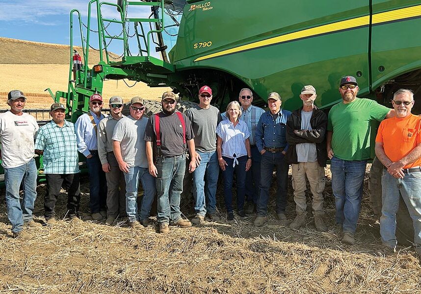 The 2025 harvest crew at Brown and Ford Ranch included (from left) Andy Jackson, Jessie Medina, Jay Dutton, Patrick Erwin, Phillip Bolling, Chris Brooks, Scott Ford, Cheryl Ford, Allen Ford, Larry Hagen, Jim Crownover, Ian McDole, and Eric Carpenter.