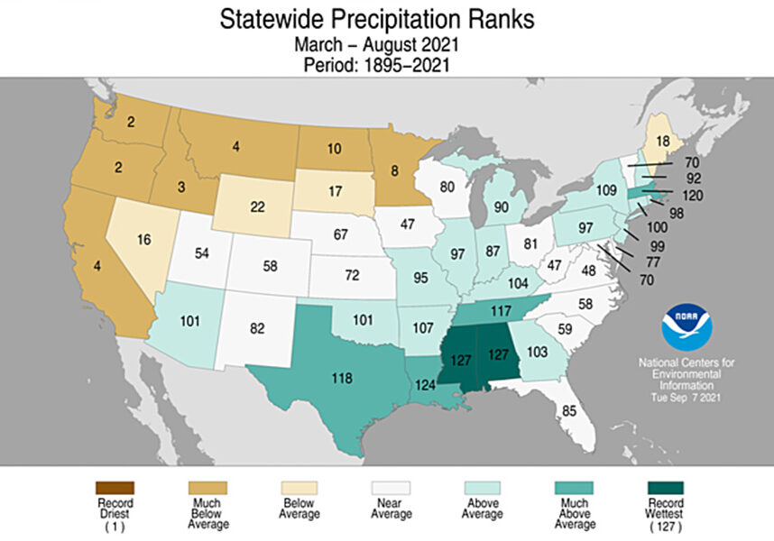 statewide precipitation ranks chart March - Aug 2021